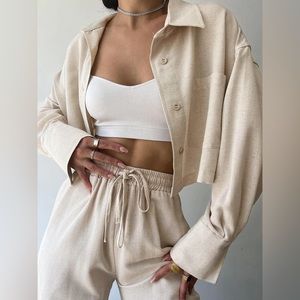 Collared Drawstring Two Piece Pants Set